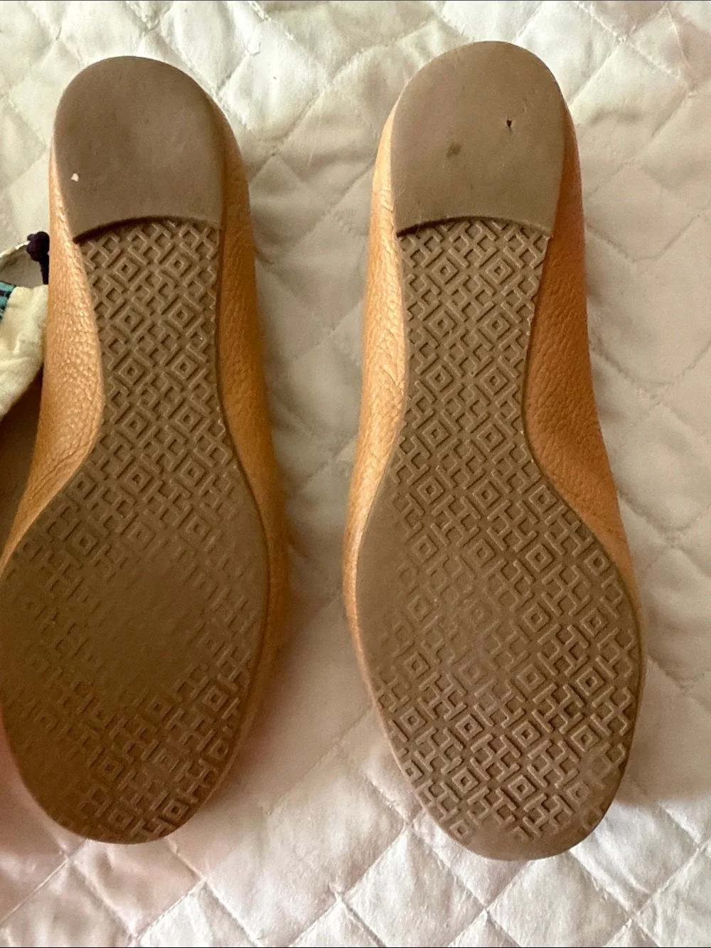 Tory Burch Caramel Leather Logo Ballet Flats with Gold Medallions